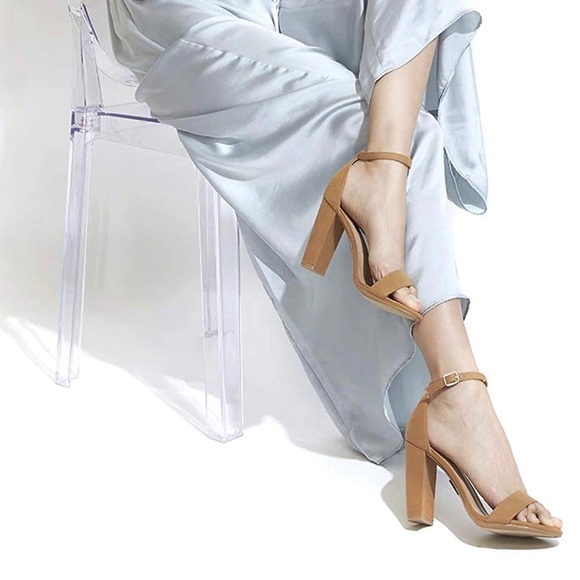 DAILY SHOES Camel Suede Ankle Strap Stacked Heels - Picture 2 of 3